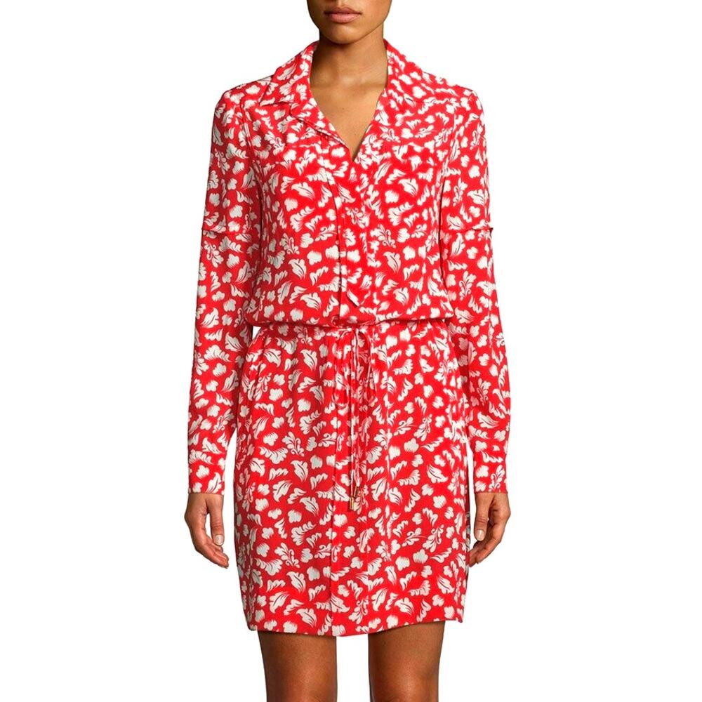 Diane von Furstenberg Taya Silk Shirt Dress Red White Floral Tie Waist Size 14